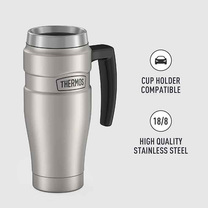 THERMOS Stainless King Vacuum-Insulated Travel Mug with Handle-16oz,Matte Steel-Thermos Tumbler for Hot&Cold Drinks-Leak-Proof&Sweat-Proof Stainless Steel Coffee Mug with Lid for Commuting,(Pack of 4)
