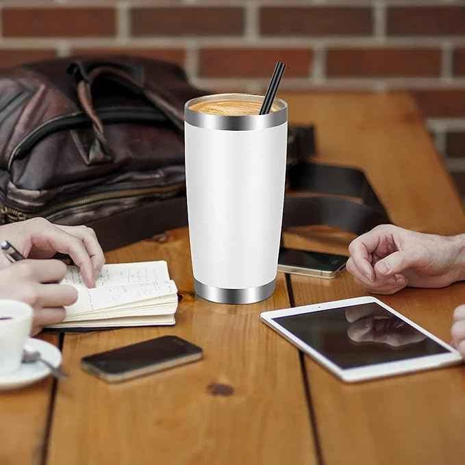VEGOND 20oz Tumbler with Lid and Straw Stainless Steel Tumbler Cup Bulk Vacuum Insulated Double Wall Travel Coffee Mug Powder Coated Coffee Cup, White, 12 Pack
