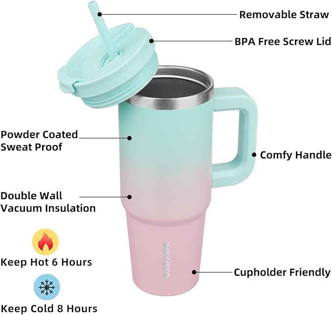 BJPKPK 30 oz Stainless Steel Tumbler With Handle Insulated Tumblers With 2 Straw Travel Coffee Mug With Lid,Bubble Gum