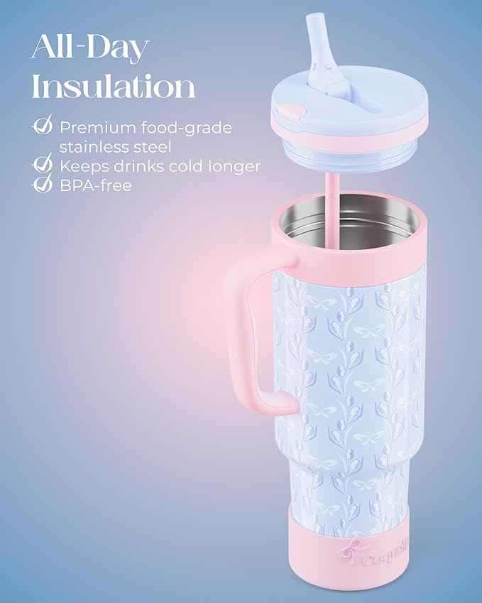 40 oz Insulated Tumbler with Handle and Push-Button Straw Lid, Stainless Steel Travel Cup for Gym Office, Leakproof, BPA-Free, Cup Holder Friendly, Bow Silicone Boot, Blue (Tulip Blue)
