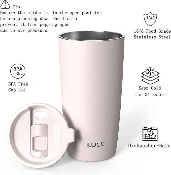 TILUCK 20 oz Insulated Tumbler with BPA-Free Lid, Stainless Steel Vacuum Travel Coffee Mug, Double Wall Coffee Tumbler（20oz，Matte SakuraPink）