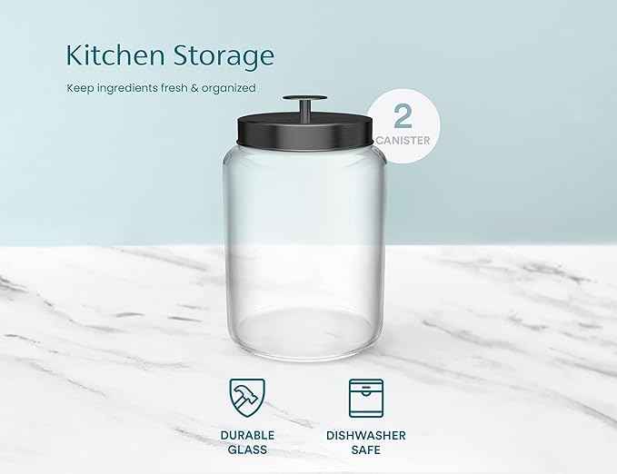 KooK Glass Storage Containers with Lids, Glass Jar with Lid, 1 Gallon, Set of 2, Glass Canister, Storage, Laundry, Kitchen Jar, (Circular, Black)