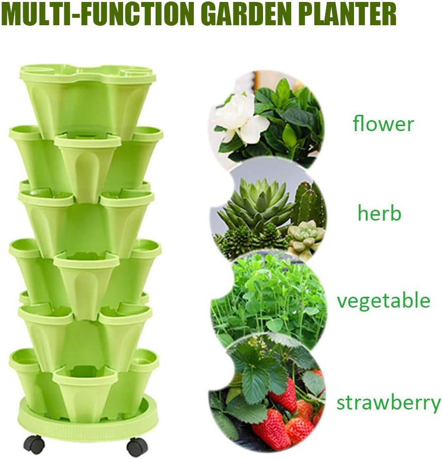 Vertical Planter 5 Tiered,Stackable Planters for Strawberry Herb Flower and Vegetable Stacking Garden Tower Gardening Pots with Removable Wheels and Bottom Indoor Outdoor