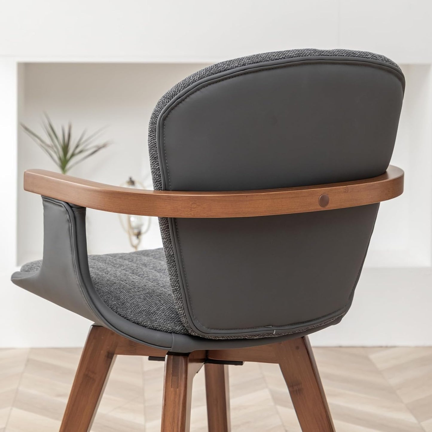 LUNLING Swivel Dining Chairs Set of 2, Mid Century Modern Gray Fabric+Faux Leather Kitchen Chairs with Arms,Bamboo Legs Side Chairs No Wheels,Accent Chair for Dining Rooms and Offices(Gray Fabric)
