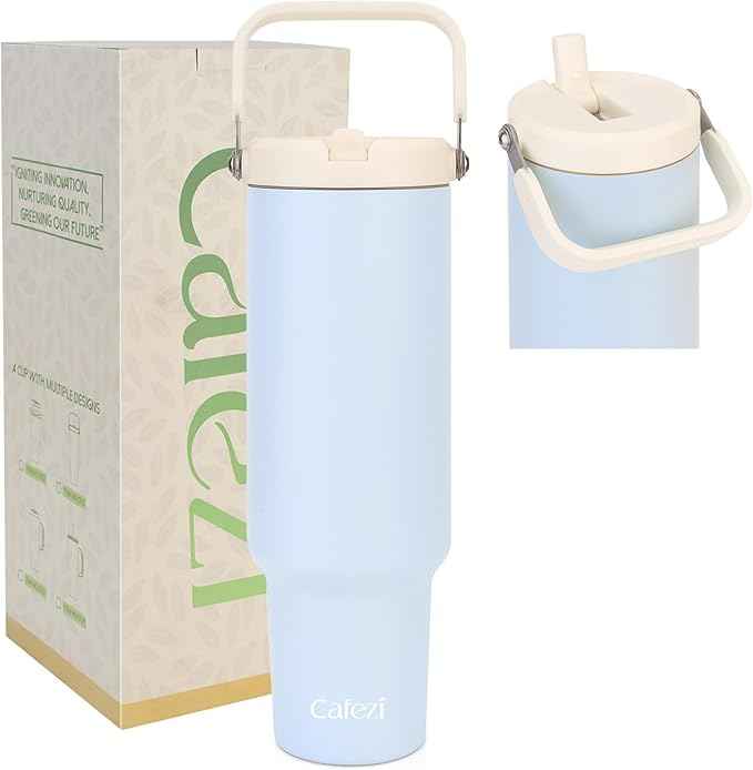 50oz Tumbler with Handle, Stainless Steel Water Bottles with Flip Straw and Top Handle, Leak Proof, Fits in Cup Holder, No Sweat, Cold for 30 Hours, Suitable for Home, Office, Outdoors, Car