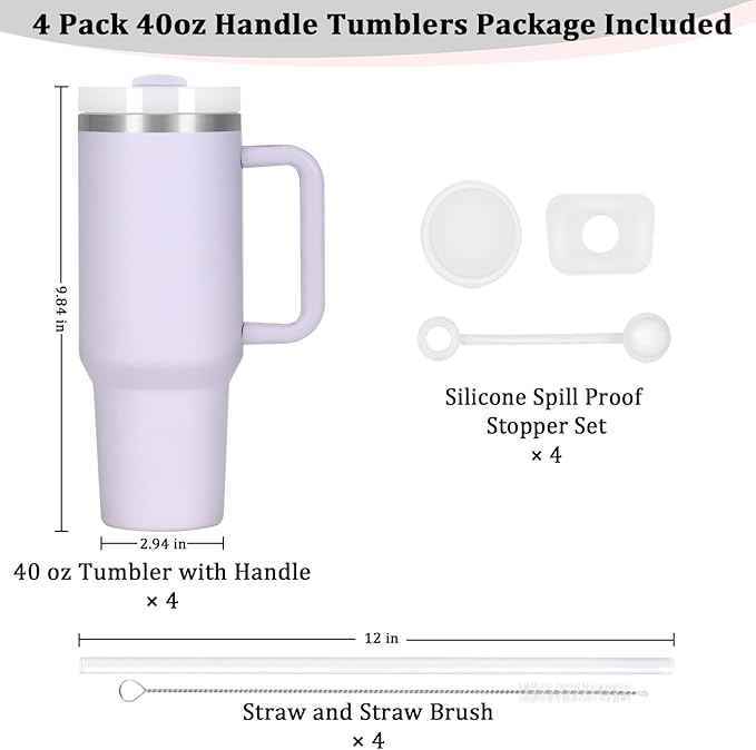 4 Pack 40 Oz Tumbler with Handle Bulk, Double Wall Vacuum Insulated Stainless Steel Tumbler with Lid and Straw, 40 oz cup with Silicone Spill Proof Stopper Set (Purple)