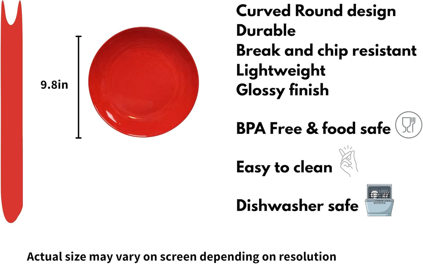 Premium Melamine Dinnerware Set, 4-Piece Plate Set - Red; BPA Free (RED, 9.8 INCHES)