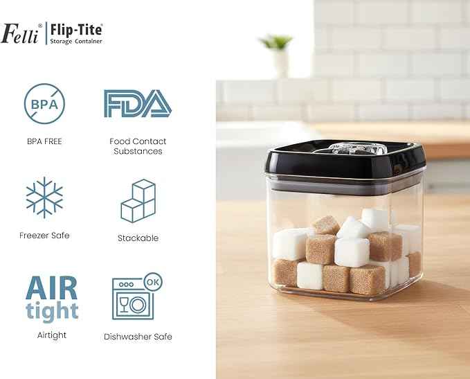 Felli Flip Tite Food Storage Container 5" LARGE Size Airtight Lid Lock Top, Stackable Kitchen Canister for Space Saving, Pantry Fridge Cupboard Organizer, Spice Seasoning Pet Treats Snack (1.1 qt)