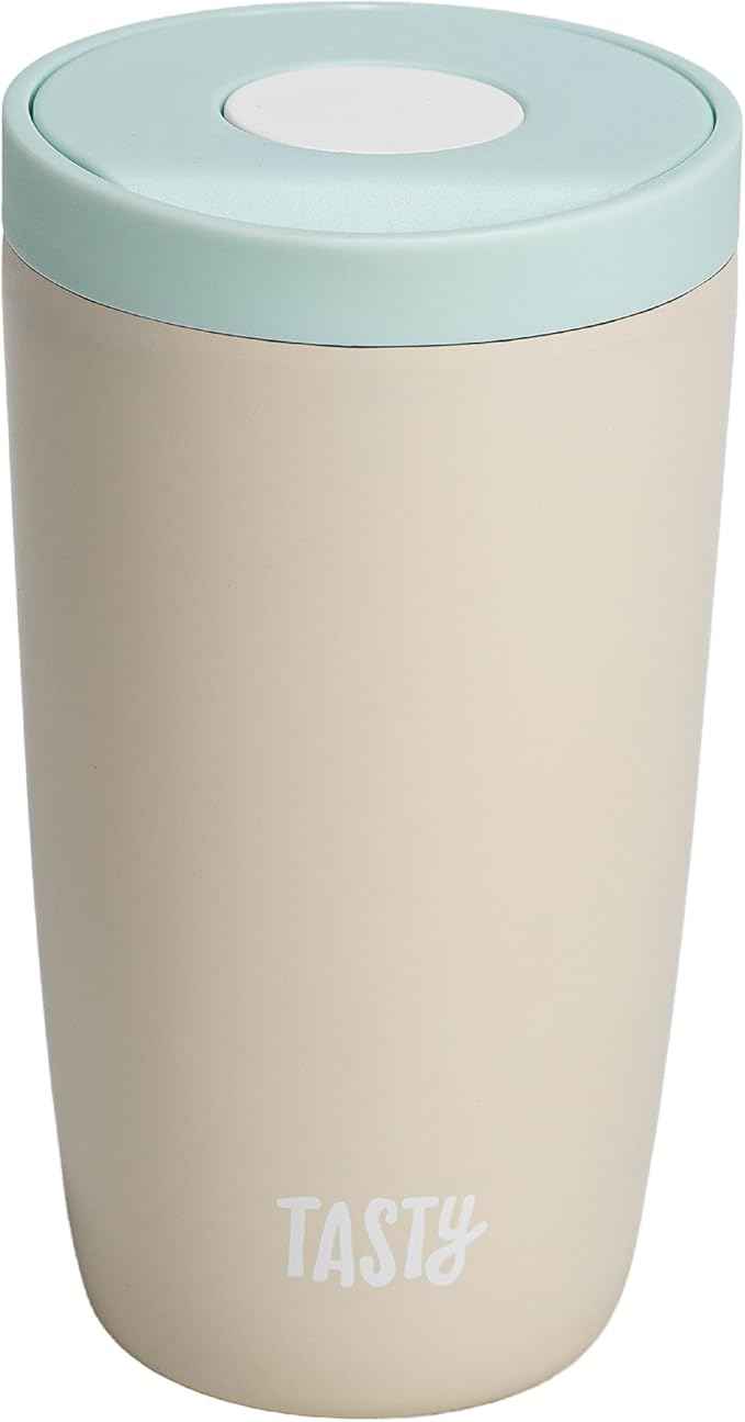 Tasty 12oz Insulated Stainless Steel Push Mug, Leak-Proof Lid with One-Hand Open/Close Button, Travel Coffee Cup, Double Wall Vacuum Flask, Cream