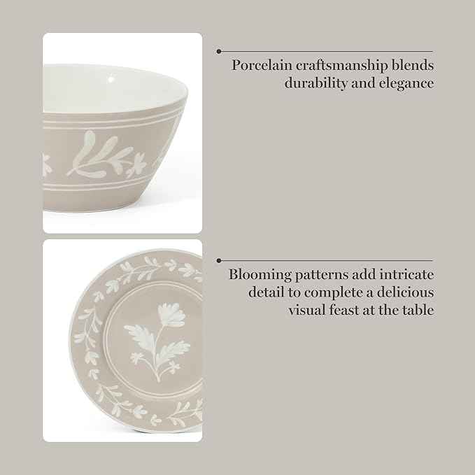 Martha Stewart Dinnerware Set - Maiden Crown 12-Piece Dish Set, Taupe – New Bone China Ceramic Plates & Bowls – Floral Design – Service for 4 – Microwave & Dishwasher Safe