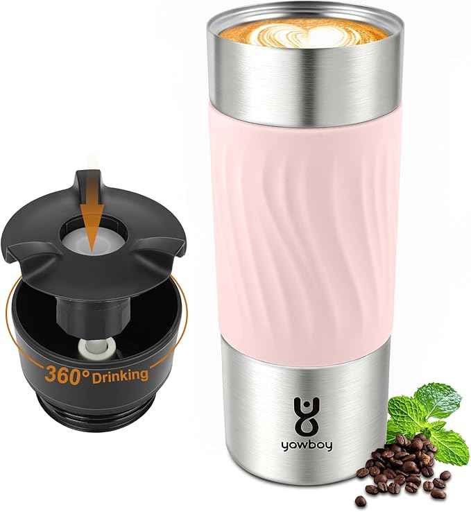 Travel Coffee Mug with 360°Lid, Travel Coffee Tumbler 16 oz Leak Proof, Stainless Steel Insulated Travel Mugs for Hot and Cold Spill Proof Leak Proof(Pink)
