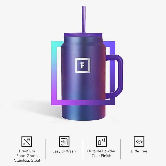 IRON °FLASK Co-Pilot Insulated Mug w/Straw & Flip Cap Lids - Cup Holder Bottle for Hot, Cold Drink - Leak-Proof - Water, Coffee Portable Travel Mug - Dark Pine, 50 Oz