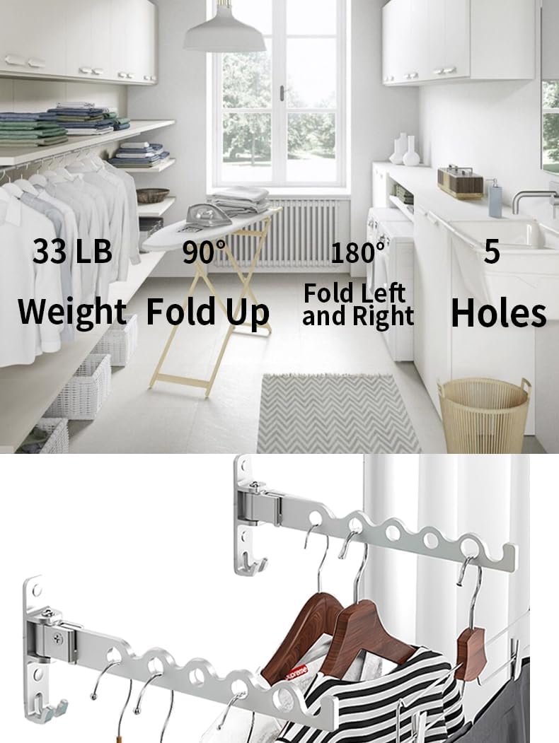 Dr.DJ Wall Hanger for Clothes, Coat Hanger Wall Mounted Silver Retractable Clothes Drying Organizer Rack Garment Hooks Aluminium Folding Indoor Space Save (2 Racks) Silver - Lumora Casa