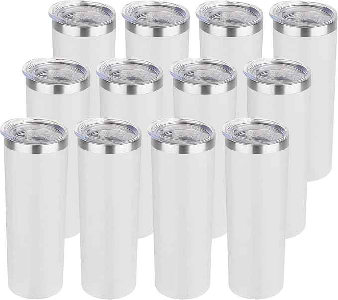 HASLE OUTFITTERS 20 oz Skinny Tumblers Bulk Set, Stainless Steel Insulated Slim Tumblers with Lids, Reusable Double Wall Travel Coffee Mugs, Durable Powder Coated Travel Water Cups(White, 12)