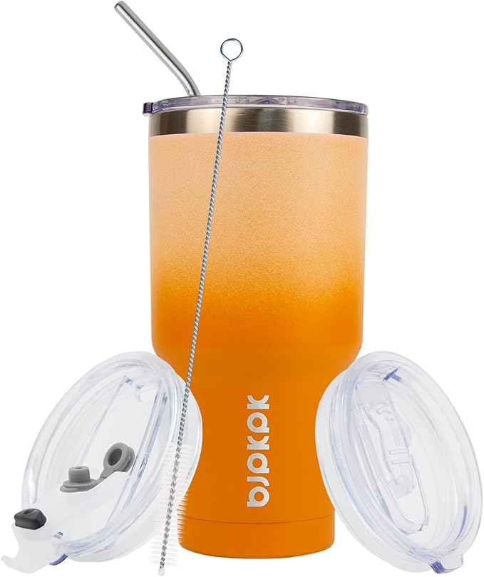 BJPKPK 30oz Stainless Steel Vacuum Insulated Tumbler Set Double Wall Travel Mug Coffee Cup with Metal Straws, Splashproof Lids,Coral