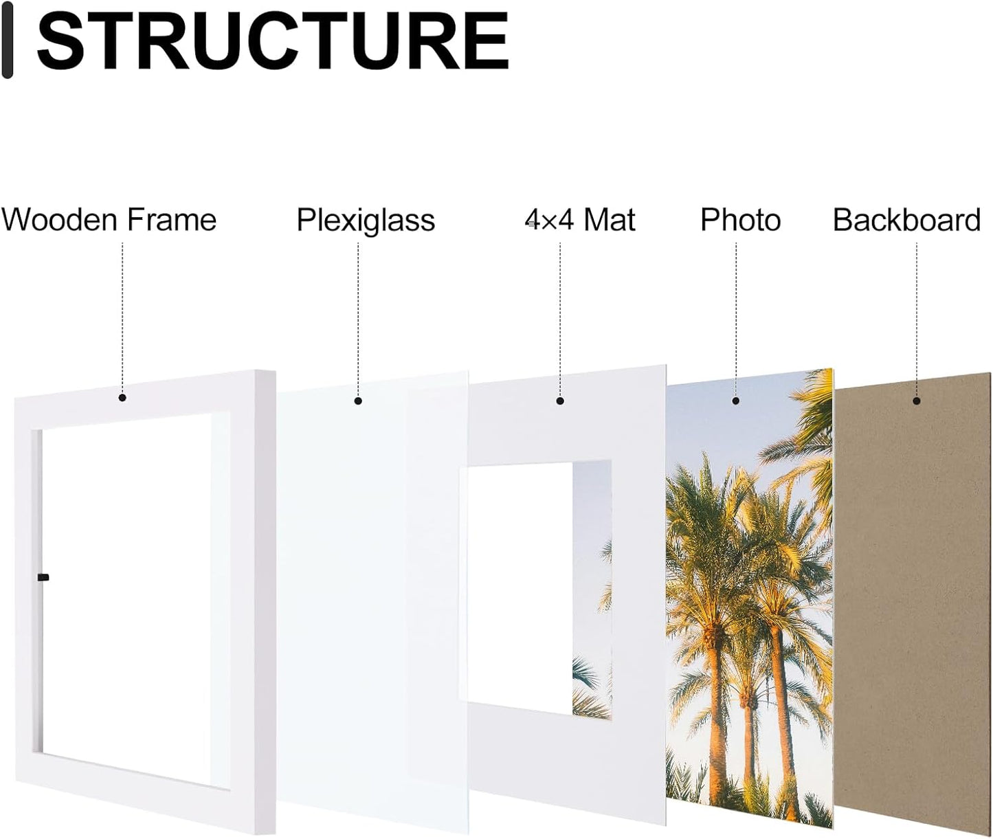 Vittanly 8x8 Picture Frames Set of 9, Shatter Resistant Plexiglass, Display 4x4 Pictures with Mat or 8x8 without Mat, Photo Frames for Wall Mount, Engineered Wood, White