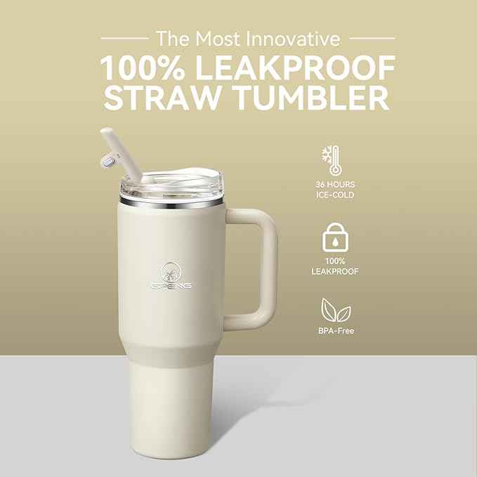 Gpeng 30/40/50 oz Tumbler with Handle, Water Bottles with Straw Lid, Insulated Stainless Steel Travel Mug Cup Holder Friendly, Keep Drinks Cold or Hot for Hours