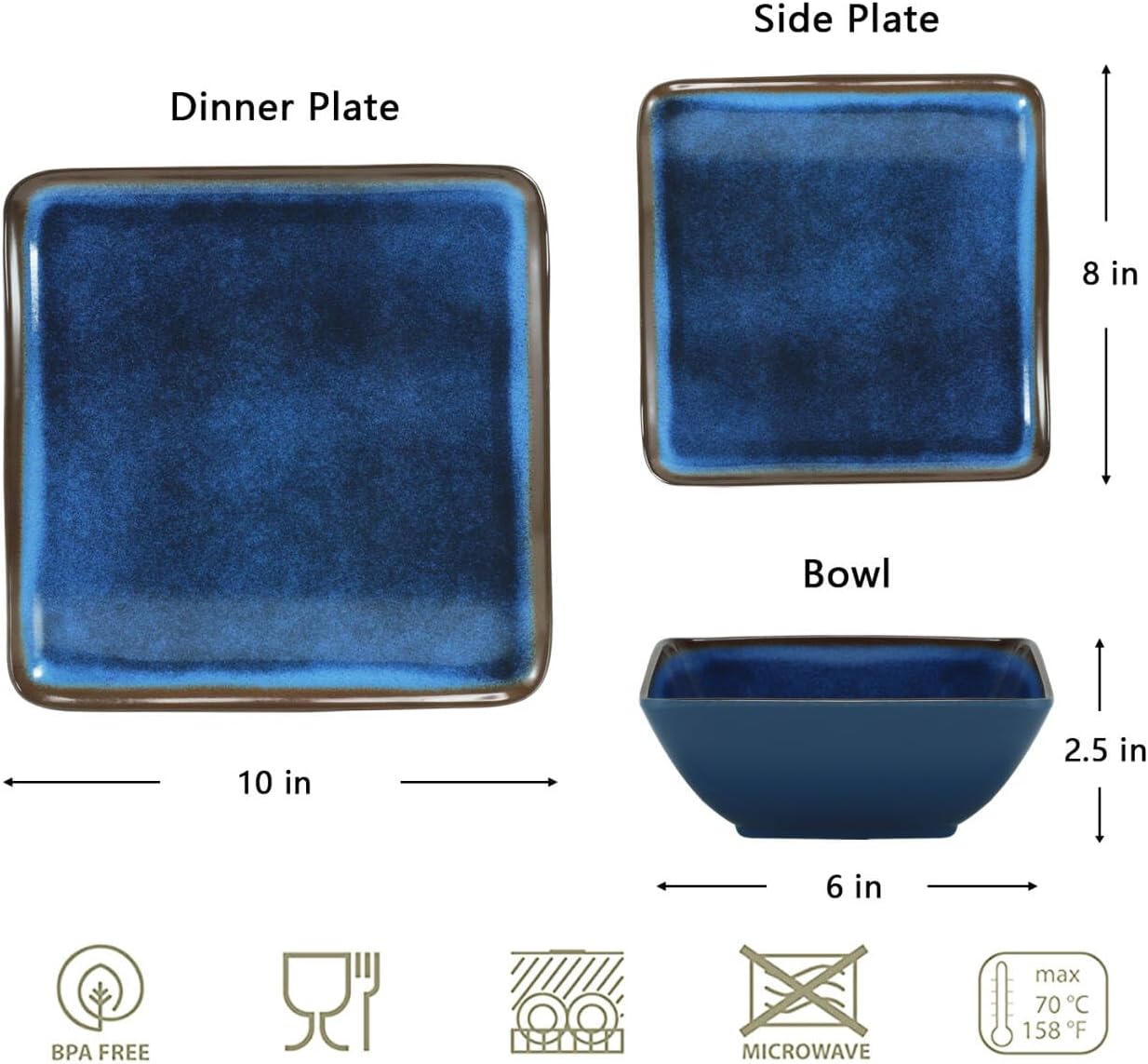 Melamine Dinnerware Sets, 12 Pcs Square Plates and Bowls Sets of 4, Unbreakable Dishes Set for Outdoor Use, Lightweight Dishware Set for Camping,Patio and RV, Dishwasher Safe, Navy Blue