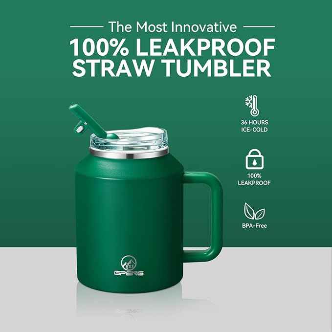 Gpeng 30/40/50 oz Tumbler with Handle, Water Bottles with Straw Lid, Insulated Stainless Steel Travel Mug Cup Holder Friendly, Keep Drinks Cold or Hot for Hours
