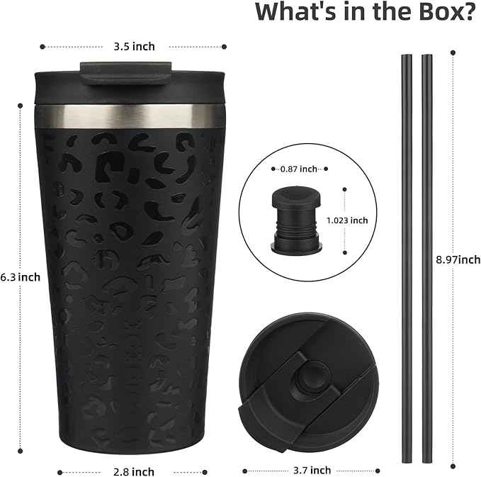 BJPKPK 18oz Insulated Tumbler With lid And Straw Stainless Steel Tumblers Travel Coffee Mug Reusable Thermal Cup,Black Leopard