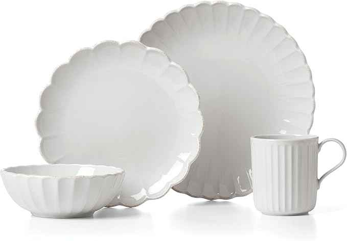 Lenox Dinnerware Set, French Perle Scallop 4-Piece Place Setting, Service For 1, Dinnerware Set, Stoneware, Includes Plates, Bowl, and Mug, Dishwasher And Microwave Safe, Dish Set (White, 4 Piece)
