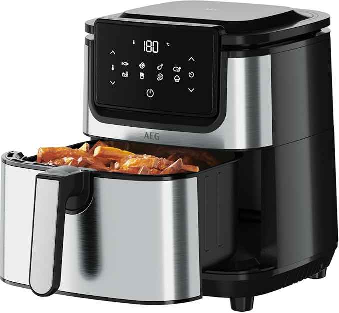 AEG AF6-1-4ST Heißluftfritteuse/Frittieren/Grillen/Braten/Backen ohne/wenig Öl / 8 Programme / 3,5 l Fassungsvermögen/spülmaschinenfest/LED Touch-Display/programmierbar/Edelstahl