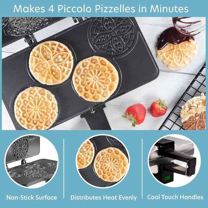 Piccolo Pizzelle Baker- Nonstick Electric Press Makes 4 Mini Cookies at Once, Even Heating- Fun Baking Machine w Recipe Guide, Mothers Day Brunch Party Supplies, Italian Waffle Dessert Treat Making
