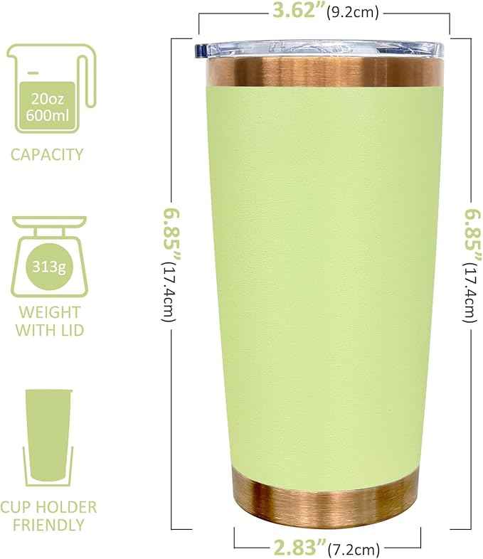 20 oz Tumblers Stainless Steel Tumbler with Lid and Straw Insulated Copper Coffee Mug for Laser Graving 37oz Powder Coated Cup(Light Green1 pack)