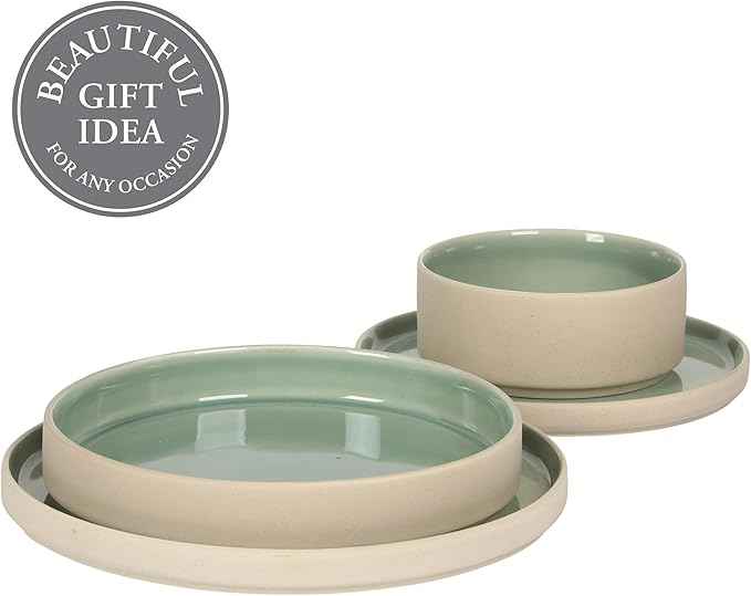 Gibson Elite Liberty Bay 16-Piece Pottery Clay Stoneware Dinnerware Set – Mint Green Reactive Glaze, Stackable Plates and Bowls W/Pasta Bowl, Service for 4 – Microwave & Dishwasher Safe