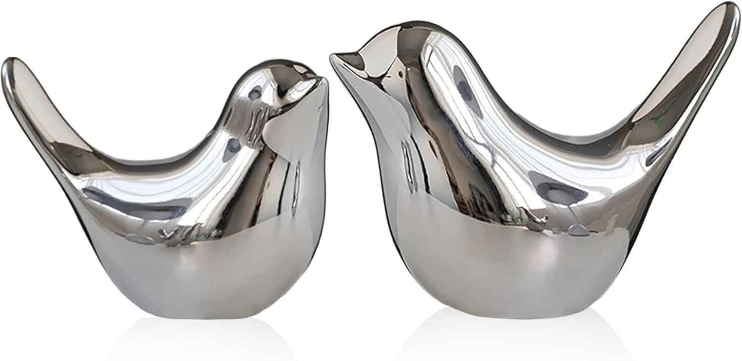 Silver Bird Statue Set – Modern Tabletop Sculptures for Living Room, Entryway, Fireplace, Bedroom, Contemporary Silver Home Decorations - 16.1 in × 12.0 in × 15.4 in