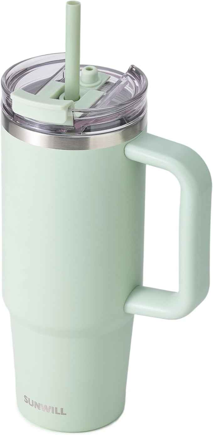 SUNWILL Coffee Tumbler with Handle, 30 oz Travel Mug with Lid and Straw Insulated, Stainless Steel Cup Leak Proof for Travel & Outdoor, Cupholder Friendly, Powder Coated Matcha Cream