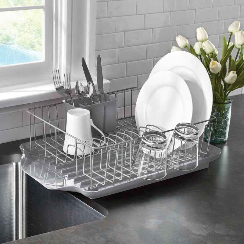 Farberware Classic 3-Piece Dish Drying Rack Set for Kitchen Counter, Gray - Rust-Resistant Wires, Self-Draining Board, Flatware Caddy, Non-Slip Feet