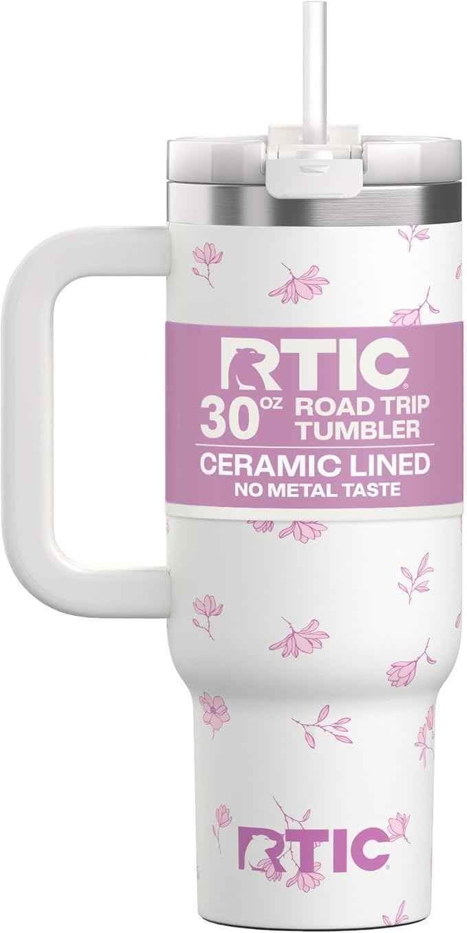 RTIC 30 oz Road Trip Tumbler Double-Walled Ceramic Lined InsulatedStainless Steel Portable Travel Coffee Mug Cup with Lid, Handle and Straw, Pink Magnolias