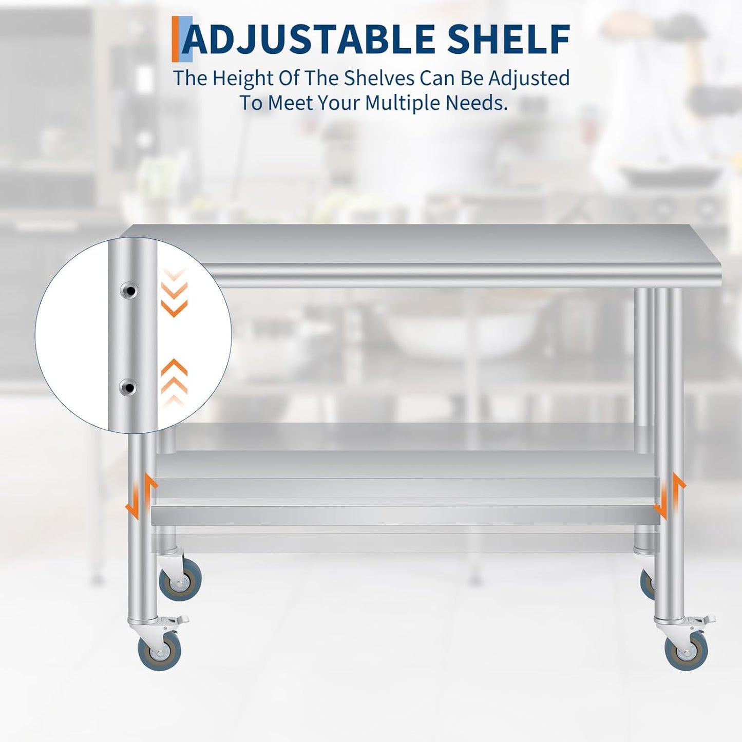 Stainless Steel Prep Table, 30x 60 Inches Heavy Duty Commercial , with Rounded-Corner, Adjustable Undershelf and 4 Caster Wheels, Heavy Duty Work Table with Adjustable Under Shelf for Outdoor, Res