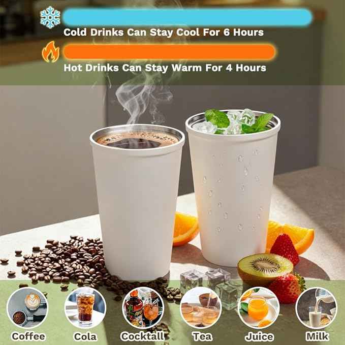 SPLMIFA Travel coffee mugs leak-proof, reusable coffee cup with lid, stainless steel vacuum insulated coffee tumblers, thermal insulation cups for men & women keep drinks hot & cold (6th-White, 12OZ)