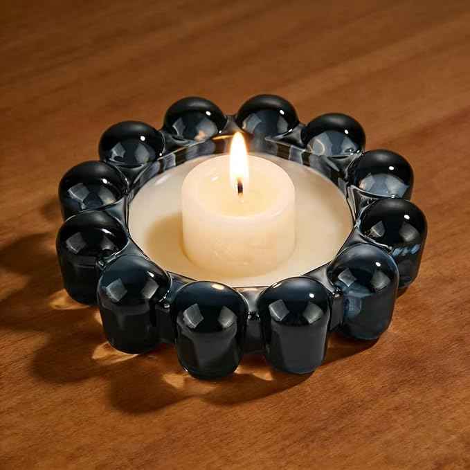 khtumeware Black Bubble Glass Candle Dish – Modern Clear Glass Candle Holder for Tealights & Diffusers, Decorative Tray for Home & Tabletop Decor（1 Pack）