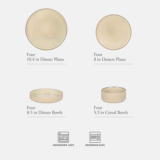 Gibson Elite Liberty Bay 16-Piece Pottery Clay Stoneware Dinnerware Set – Taupe Reactive Glaze, Stackable Plates and Bowls W/Pasta Bowl, Service for 4 – Microwave & Dishwasher Safe