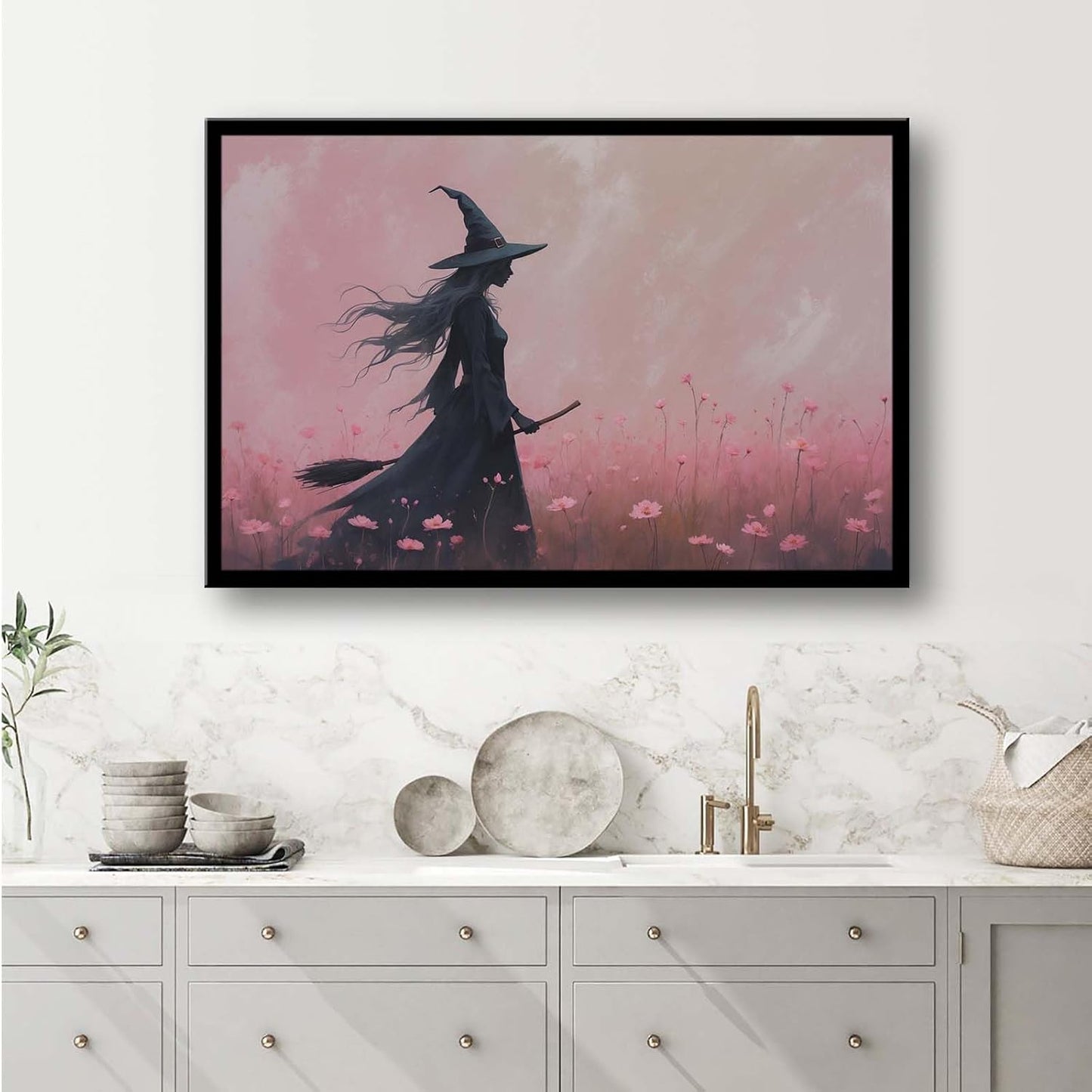 JFHCQJPK Witch in the pink sea of flowers Halloween prints weird flowers wall art silhouette painting fashionable romantic decoration suitable for bedroom8x12in Metal blackFramed
