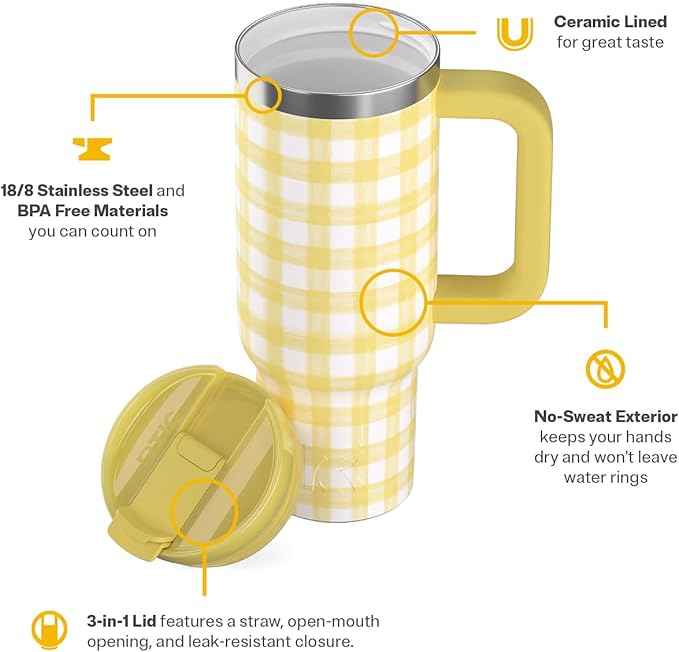 RTIC 30 oz Road Trip Tumbler Double-Walled Ceramic Lined InsulatedStainless Steel Portable Travel Coffee Mug Cup with Lid, Handle and Straw, Sunlight Gingham