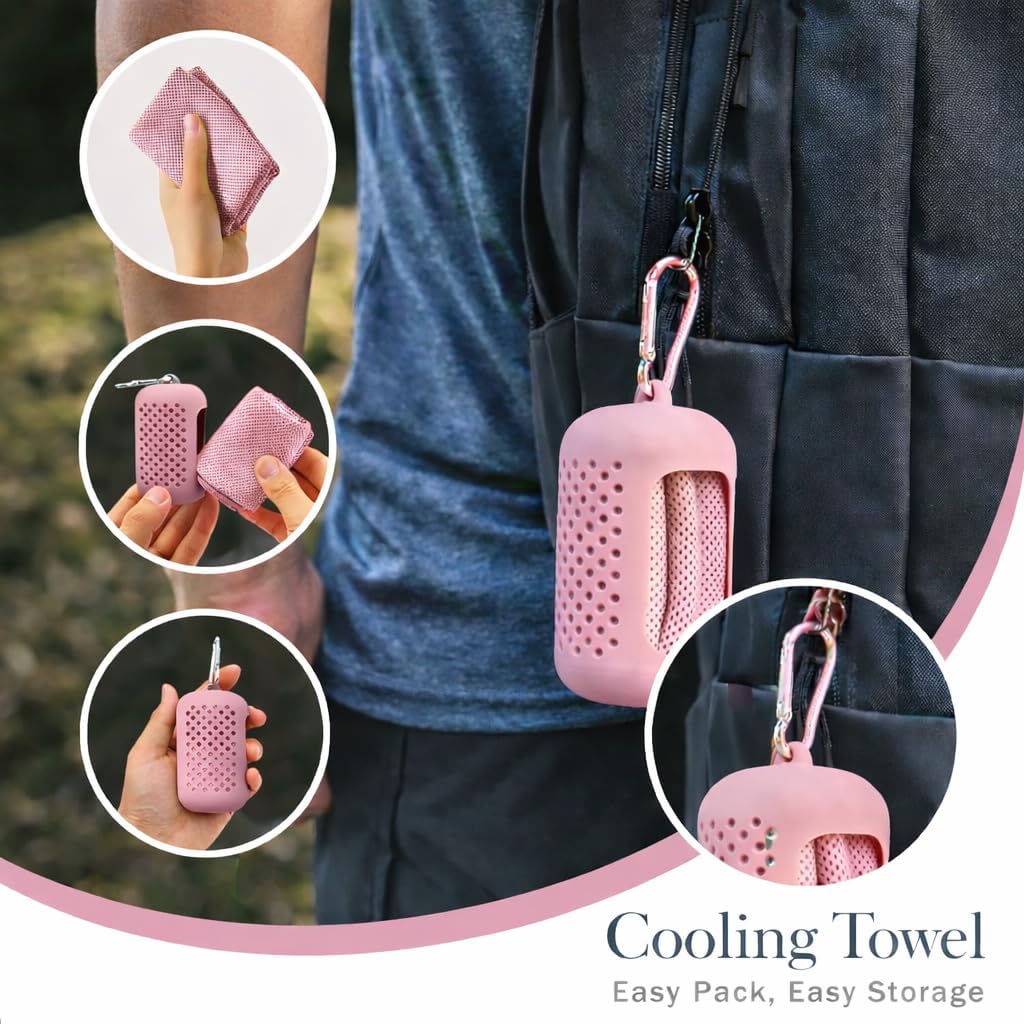 Cooling Towel with Clip Case – Quick-Dry Neck Wrap for Sports, Beach Tote Bags, Gym, Travel & Outdoor Heat (Pink)