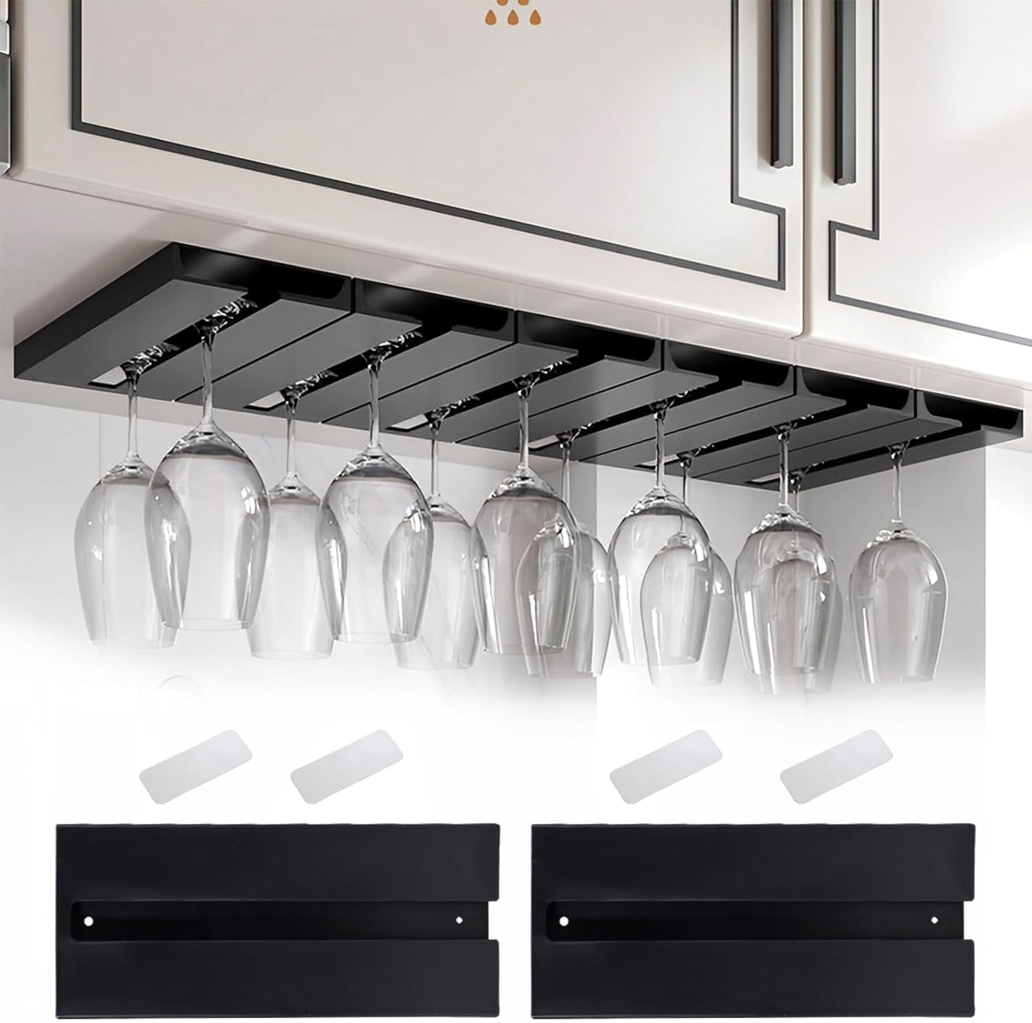 2Pcs Wine Glass Holder，Stemware Rack Plastic Punch-free Hanging Under Cabinet for Bar,Kitchen and Restaurant (black)