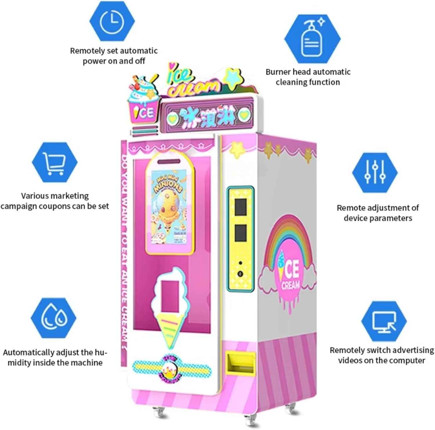 Ice cream vending machine, intelligent touch screen soft ice cream machine, supports coin, cash card and mobile payment, suitable for shopping malls, campuses, cinemas and other places.