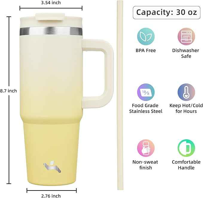 Konokyo 30 oz Tumbler with Handle and 2 Straws,2 in 1 Lid Insulated Water Bottle Stainless Steel Travel Coffee Mug,Lemon