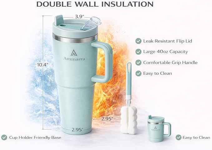 40oz Stainless Steel Vacuum Insulated Tumbler with Handle and Straw, Large Capacity Insulated Cup (Lime Green)