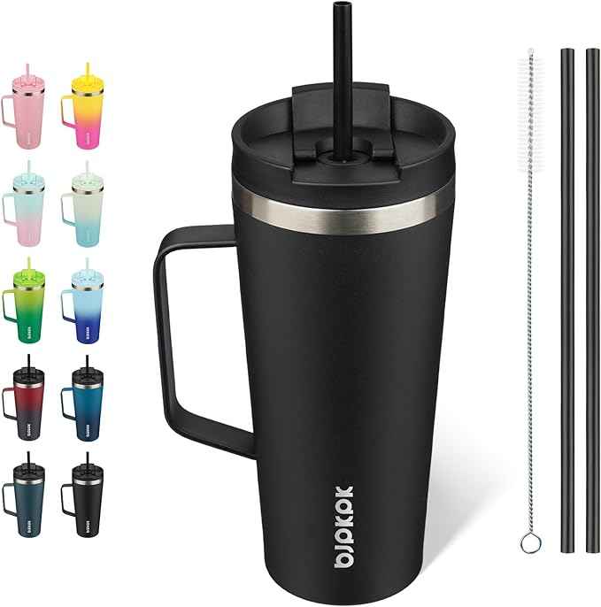 BJPKPK Insulated Tumbler with Handle, 22oz Insulated Tumblers with Lid and Straw, Stainless Steel Metal Water Bottles, Coffee Travel Mugs, Cups, Black