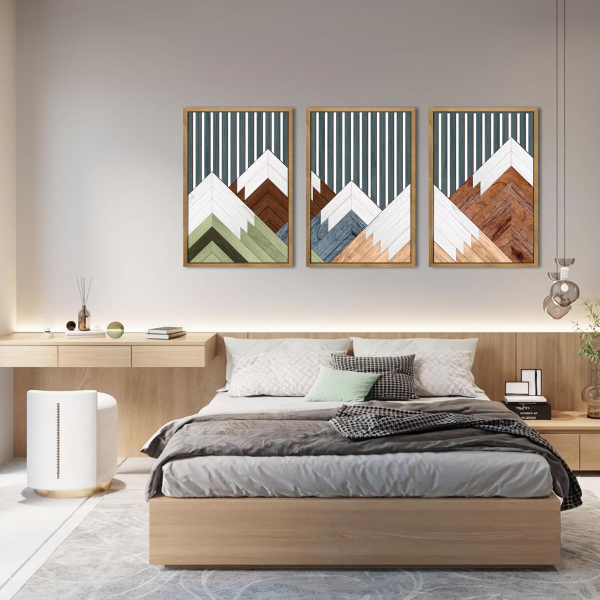 DRACIT Large Woodcut Mountain Wall Art Set Abstract Boho Forest Wood Wall Decor Nature Blue Art Decor Modern Geometric Wooden Wall Sculptures for Living Room Bedroom Office-16x24Inchx3