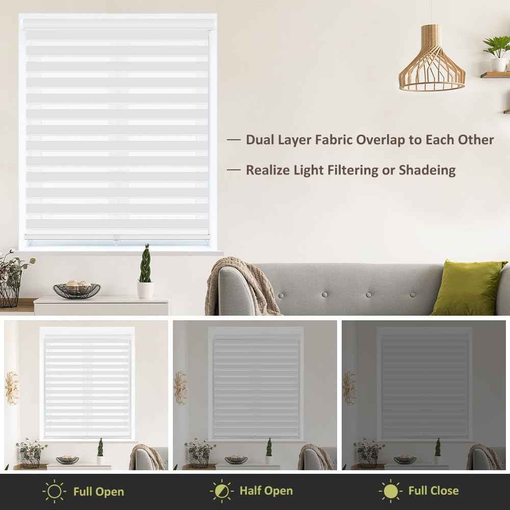 Kokorona Zebra Blinds Roller Shades Cordless Window Blinds with Valance Cover, Day and Night Sheer Shades Dual Layer Fabric for Light Control Light Filtering Privacy, White, 60" W X 72" H