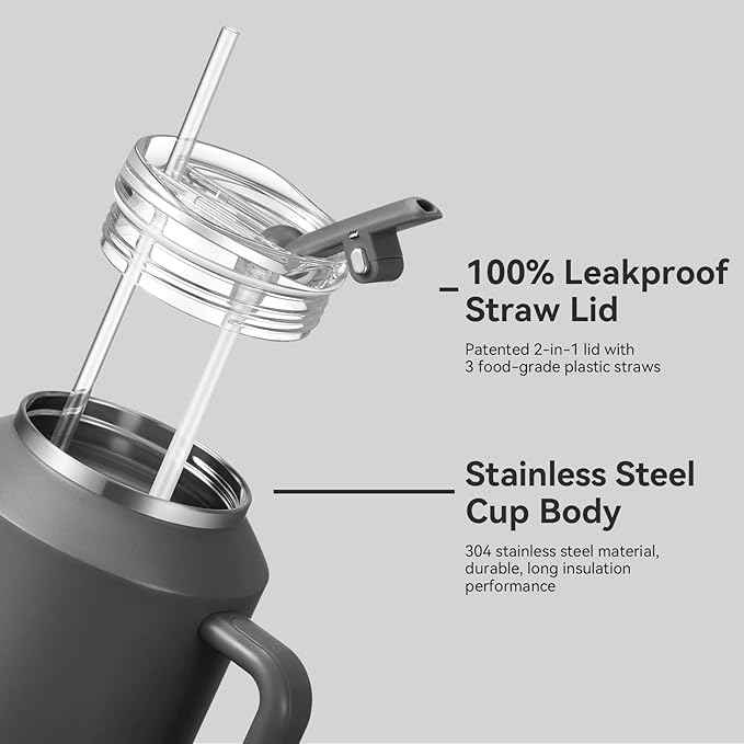 Gpeng 30/40/50 oz Tumbler with Handle, Water Bottles with Straw Lid, Insulated Stainless Steel Travel Mug Cup Holder Friendly, Keep Drinks Cold or Hot for Hours (LightGrey, 50 oz)