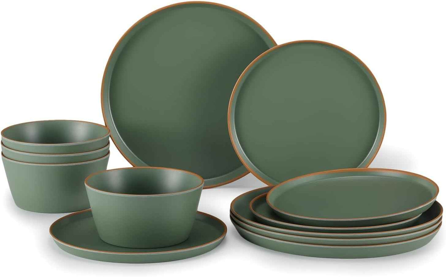 Melamine Dinnerware for 4, 12 Pieces Unbreakable Matte Plastic Plates and Bowls set, Kitchen Dish set BPA Free, Dishwasher Top Safe, Not Microwave, Not Oven (Green)