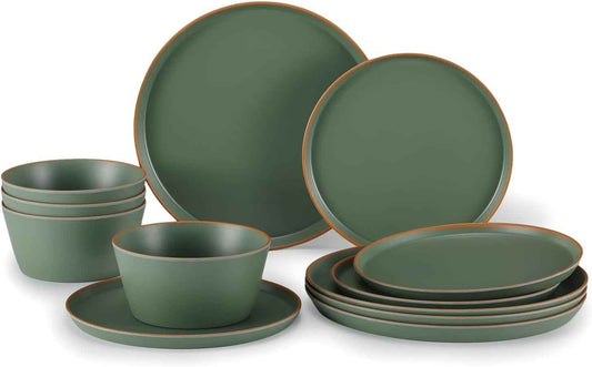 Melamine Dinnerware for 4, 12 Pieces Unbreakable Matte Plastic Plates and Bowls set, Kitchen Dish set BPA Free, Dishwasher Top Safe, Not Microwave, Not Oven (Green)